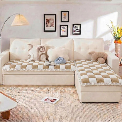 Cremefarbener großer karierten quadratischer fuzzy Haustier Hundematte Bett Ecksofa Couchbezug